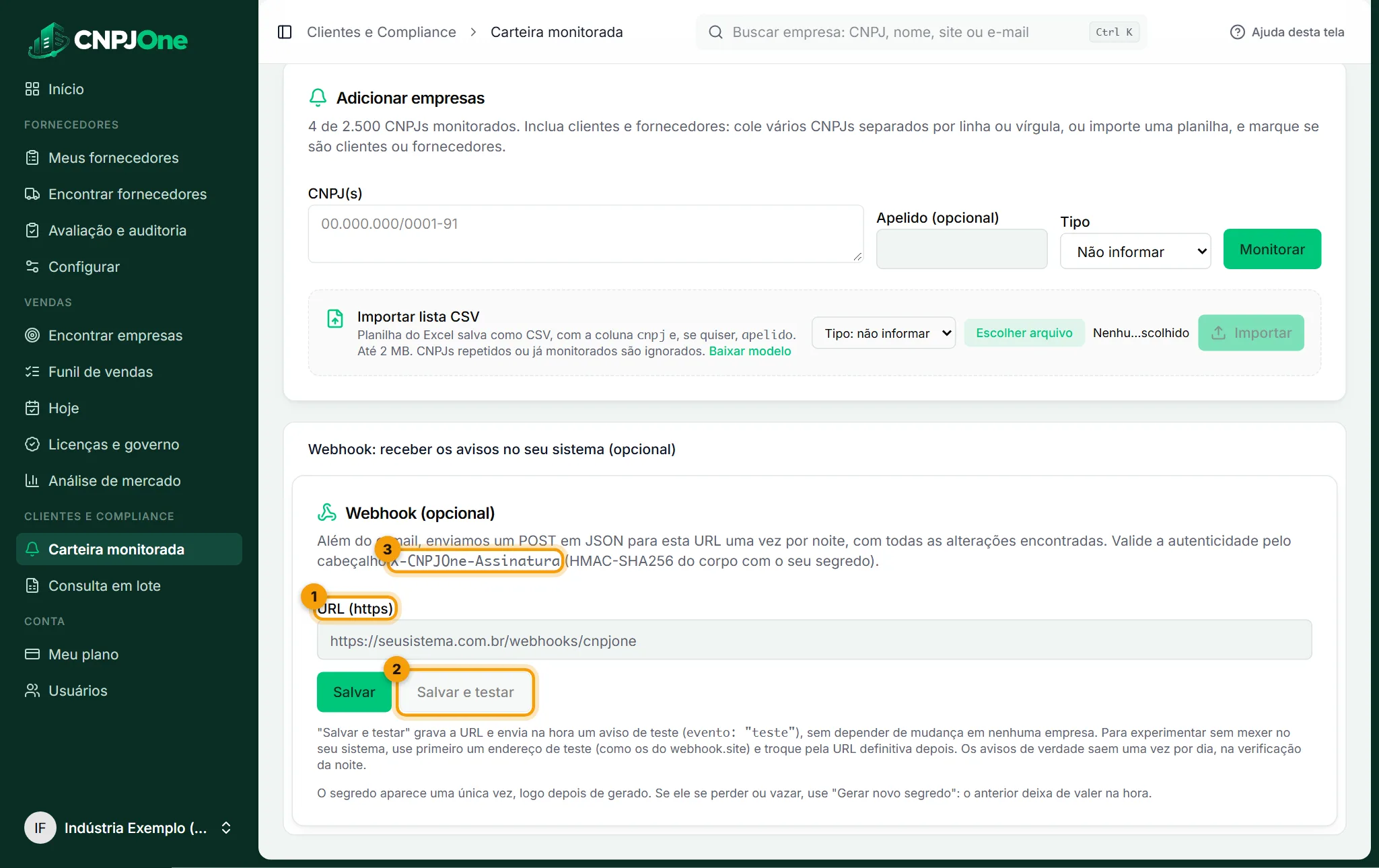 Configuração do endereço que recebe os avisos